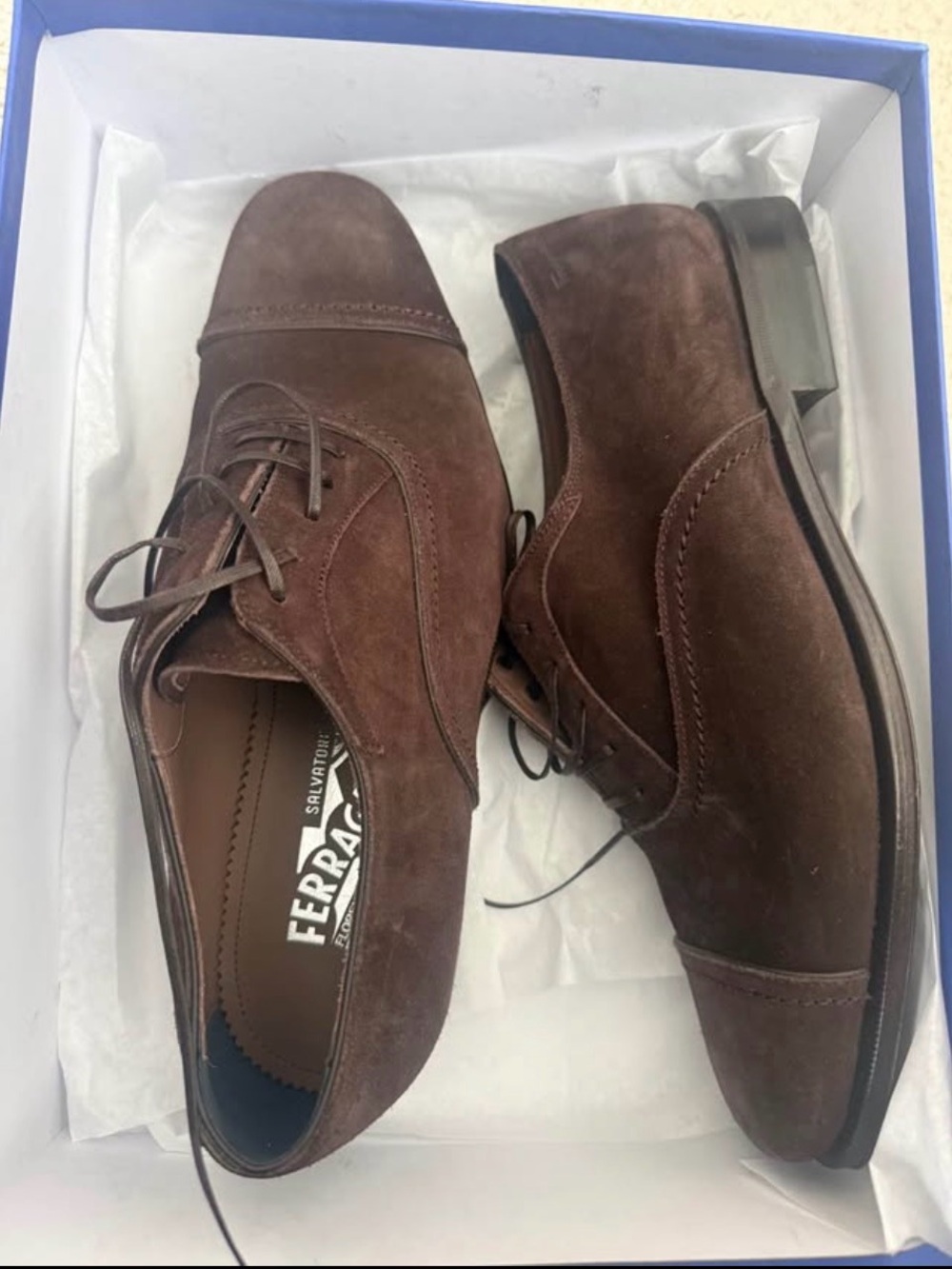 Salvatore Ferragamo Dark Brown Suede Cap-Toe Derby Shoes